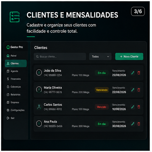 Gestão de clientes e mensalidades do Gestor PRO